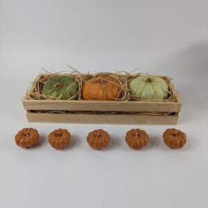 Large Fall Pumpkin Candle Centerpiece 3lb+ 9pc Orange Green Handpainted Decor